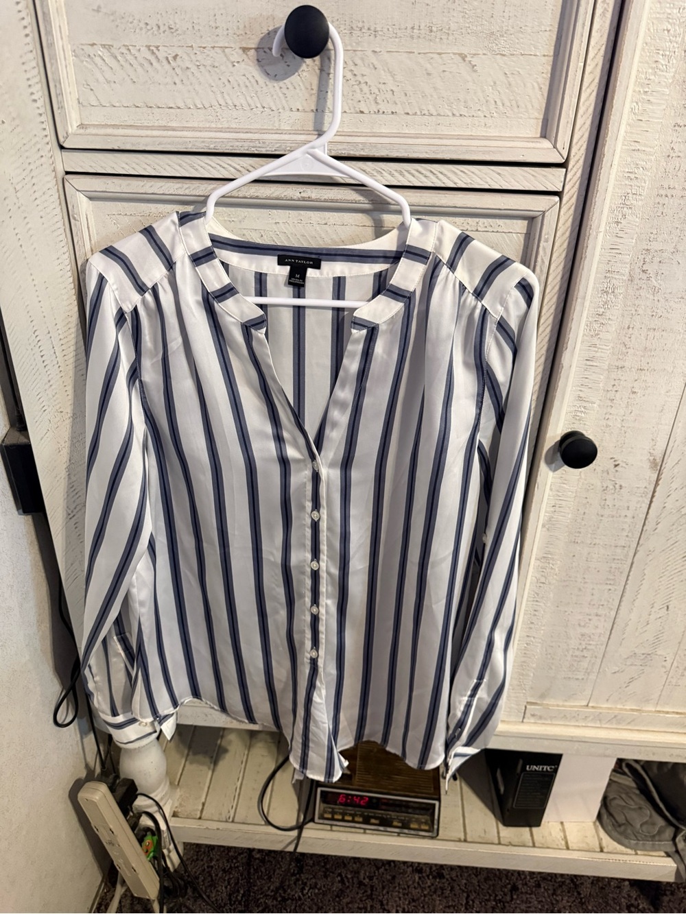 Ann Taylor White and Navy Striped Women's Button-Down Shirt